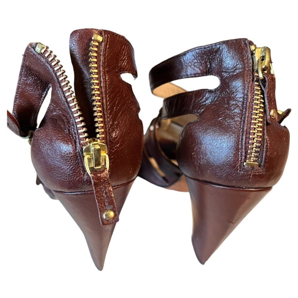 00s Saks Fifth Avenue LYLE Leather Strappy Heel Sandals Sz 8 Brown Classy Preppy - Picture 7 of 11